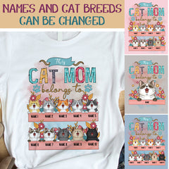 This Cat Mom Belongs To - Laughing Cats With Flowers - Personalized Cat T-shirt