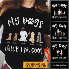 "My dogs think i'm cool" girl, dog & cat Personalized T-Shirt TS-TU123