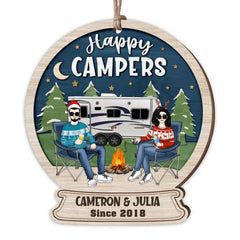 Happy Campers - Personalized Wooden Ornament, Christmas Gift For Couple Camping Lovers