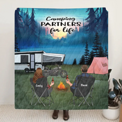 Custom Personalized Camping Quilt/ Fleece Blanket - Couple/ Parents With Upto 4 Kids And 3 Pets - Camping Partners For Life