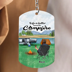 Custom Personalized Camping Aluminum Keychain - Adult/Couple with Upto 3 Dogs/Cats - Gift Idea for Camping/Dog/Cat Lovers - Life Is Better Around The Campfire