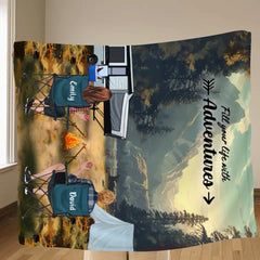 Custom Personalized Yosemite Camping Quilt/Single Layer Fleece Blanket - Gift Idea For Couple, Camping Lovers, Family - Upto 5 Kids, 4 Pets - Fill Your Life With Adventures