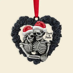 Black Rose Heart Shape - Personalized Skeleton Couple Flat Ornament, Christmas Tree Decor