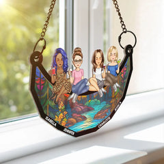 Cartoon Besties Friends Sitting On The Moon - Personalized Window Hanging Suncatcher Ornament