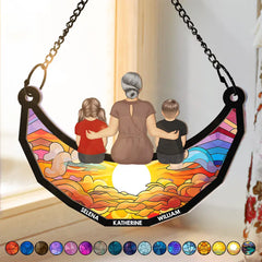 Grandma And Grandkids On The Moon - Personalized Window Hanging Suncatcher Ornament