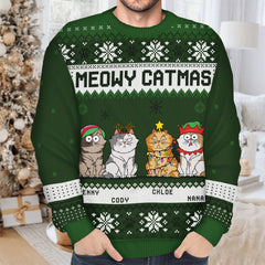 Meowy Catmas Funny Cartoon Cats - Christmas Gift For Cat Lovers, Cat Moms, Cat Dads - Personalized Unisex Ugly Sweater