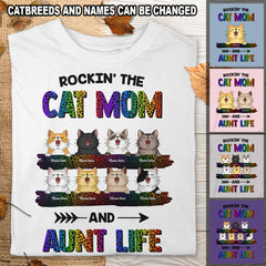 Rockin' The Cat Mom And Aunt Life - Rainbow Leopard Print - Personalized Cat T-shirt