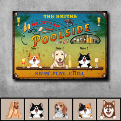 Metal Backyard Poolside Signs, Gifts For Pet Lovers, Swim Play Chill Drink & Food Personalized Family Sign