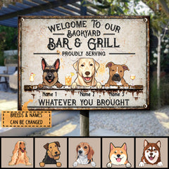 Welcome To Our Backyard Bar & Grill, Dog & Beverage Sign, Personalized Dog Breeds Metal Sign