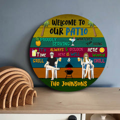 Patio Welcome Grilling Chilling - Gift For Couples - Personalized Custom Wood Circle Door Sign