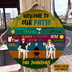 Patio Welcome Grilling Chilling - Gift For Couples - Personalized Custom Wood Circle Door Sign